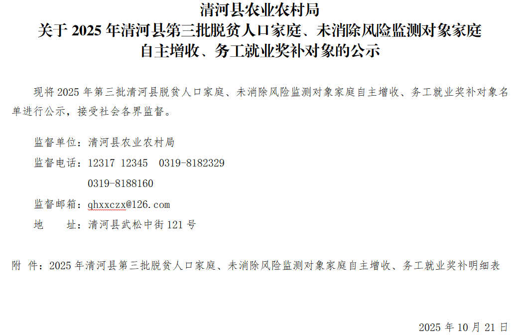 清河县农业农村局关于2025年清河县第三批脱贫人口家庭、未消除风险监测对象家庭自主增收、务工就业奖补对象的公示.png