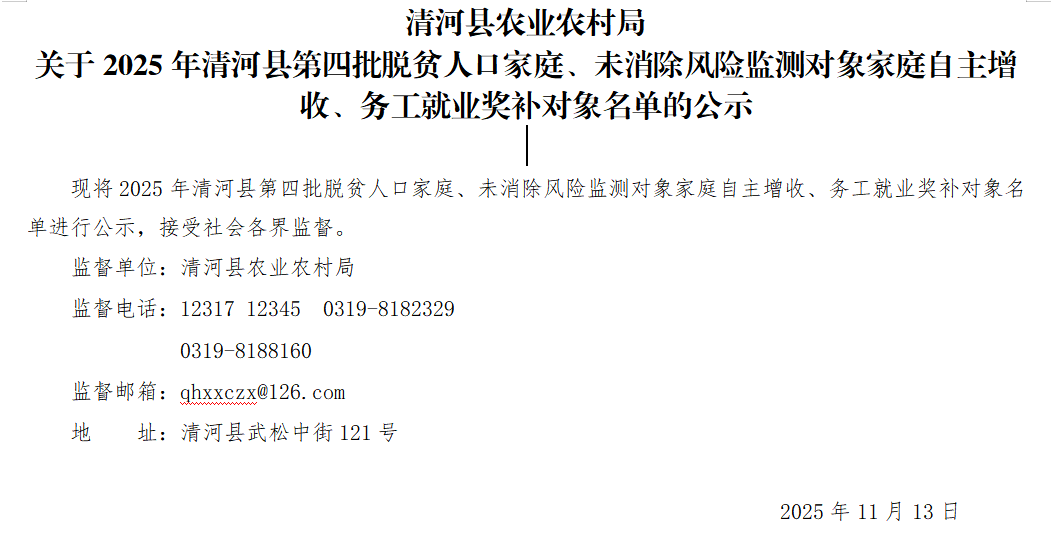 清河县农业农村局关于2025年清河县第四批脱贫人口家庭、未消除风险监测对象家庭自主增收、务工就业奖补对象名单的公示.png